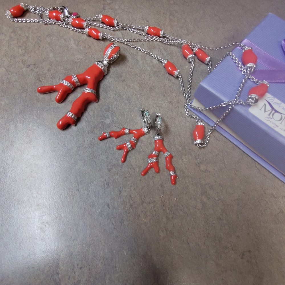 Coral and Silver Necklace And Earrings Set By Lauren G Adams